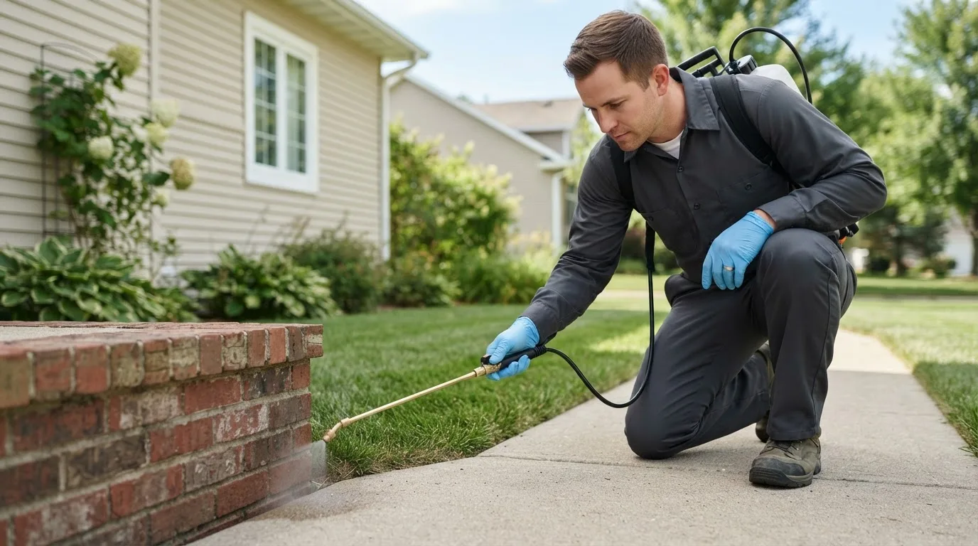 Pest control technician treating a home near Mountain Iron, MN